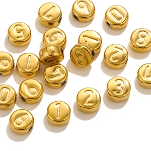 Golden stainless steel numbered beads 0-9 for DIY jewelry making on white background