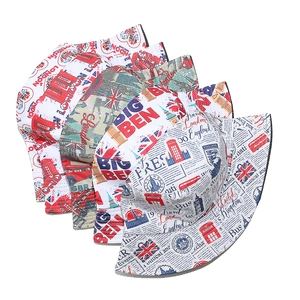 Set of 5 British style bucket hats with London flag and vintage newspaper prints