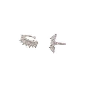 Silver zircon star flower ear cuff set with baguette and pear-cut crystals