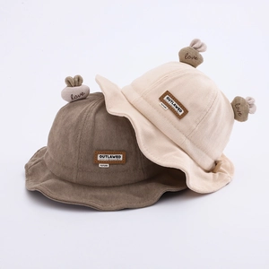 Baby Corduroy Bucket Hat Plush Heart Embroidery With Windproof Strap Cute Soft Toddler Outdoor Sun Protection Cap