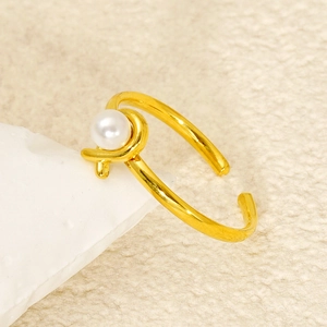 Anello Aperto Con Perla Artificial Acciaio Inossidabile Placcato Oro 18K Regolabile Avvolto Intrecciato Gioielli Eleganti Da Donna