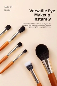 Detail of soft fiber makeup brushes with natural wood handles and light gold aluminum ferrule