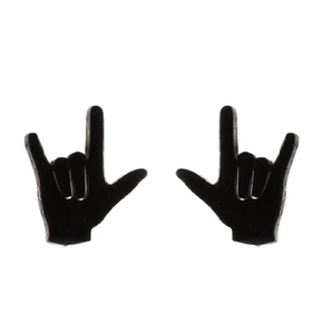Minimalist black hand gesture stud earrings in rock style on white background