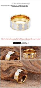 Macro detail of geometric faceted tungsten steel ring with dual-tone gold and silver finish
