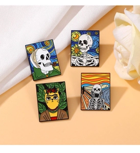 Detailed enamel pins featuring skeleton parodies of Van Gogh and Munch famous paintings