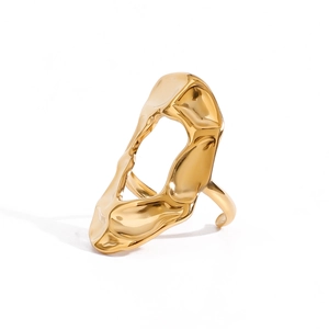 Polished 18k gold irregular liquid metal ring with geometric cut-out design