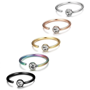 Five-color stainless steel C-shaped nose rings set with sparkling round cubic zirconia