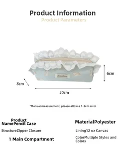 Detailed view of floral canvas pencil case with lace edges and 20x8x6cm size info