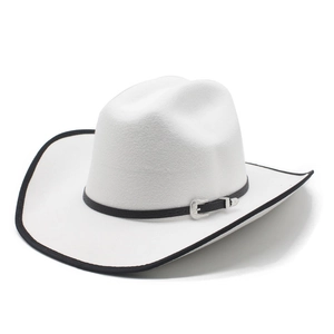 Chapeau de cow-boy blanc en feutre avec bande en cuir noir et boucle argentée pour homme