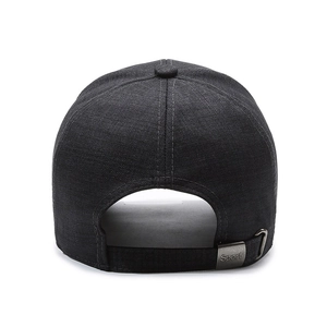 Rear view of a dark grey men's baseball cap featuring an adjustable metal sport buckle