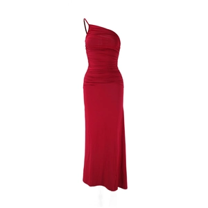 Detail shot of the ruched asymmetric design on this elegant red one-shoulder dress