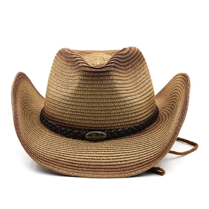 Detail of a brown western straw hat with leather band and vintage metal bull emblem
