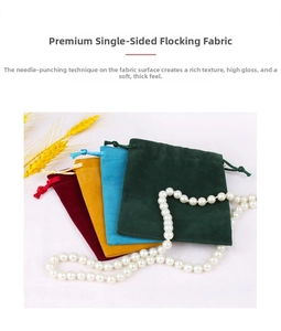 Detailed close-up of premium velvet drawstring pouches in various elegant colors with soft texture