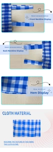 Detail view of blue and white gingham dress showing strap neckline and hemline texture