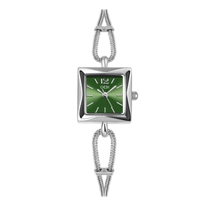 Detail shot of vintage square green dial watch with silver mesh chain strap