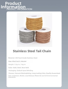 Macro detail of 304 stainless steel extension chains in gold, rose gold and silver