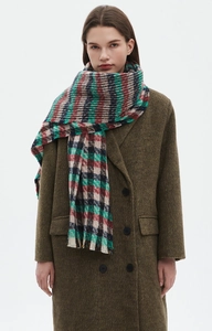 Close-up of classic plaid scarf in navy and burgundy styled with an olive wool coat
