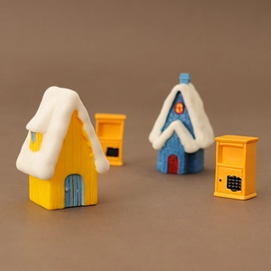 Miniature Christmas snow house and yellow storage cabinet figurines for DIY scenes
