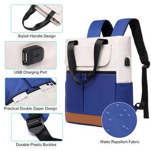 Detail view of water repellent travel backpack showing USB port and stylish handles