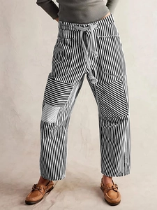 Women's casual striped wide-leg trousers with drawstring waist and large side pockets