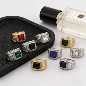 Masonic Men Ring Stainless Steel With Square Colorful Gemstone Rhinestone Hip Hop Fashion Jewelry For Men