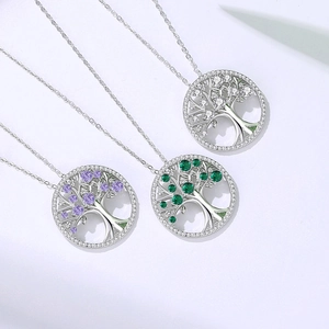 S925 Sterling Silver Tree of Life necklace with colorful cubic zirconia pendants