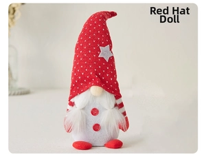 Close-up of a Christmas gnome doll with a red knitted hat and white braids for decor