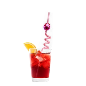 Pink disco ball straw with spiral design in a glass with lemon slices and red drink