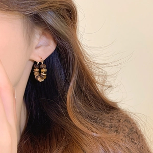 Detail view of heart-shaped hoop earrings with tiger eye stone beads on a female model