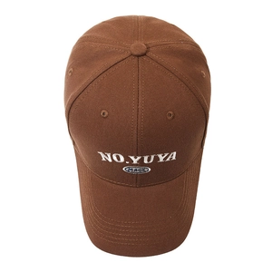 Deep brown cotton baseball cap with NO.YUYA embroidery and adjustable high crown design