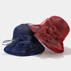 Elegant organza flower sun hat in red and navy blue for weddings or beach vacations
