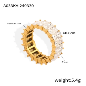 Détail de la bague en acier titane avec zircons rectangulaires et largeur de 0,8 cm