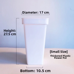 Detail view of small white plastic flower bucket with dimensions 27.5cm height and 17cm rim