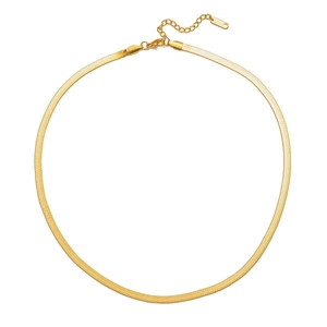 Detailed close-up of golden flat snake chain necklace featuring a durable lobster clasp