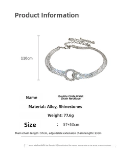 Dettagli della cintura a catena con strass e dimensioni della lunghezza totale di 110 cm
