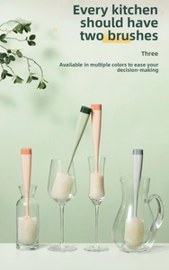 Detailed view of long handle sponge bottle brushes in four colors cleaning glassware