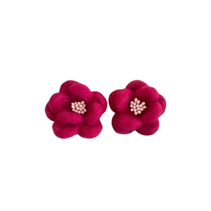 Elegant rose red cotton resin flower stud earrings with soft wool felt texture for women