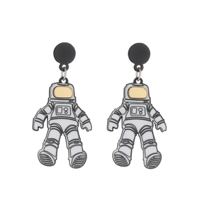 Cartoon astronaut pendant earrings with white acrylic finish and golden helmet detail