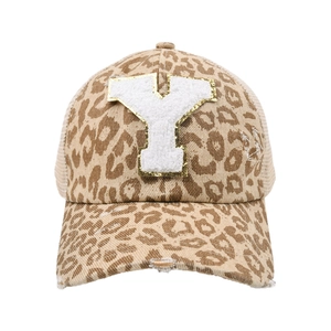 Detail of leopard print baseball cap with embroidered letter Y and mesh back