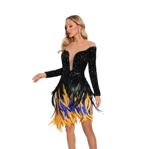 Elegant V-neck dress with black sequins, long sleeves and colorful feather skirt