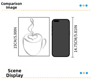 Detailed size comparison of acrylic coffee cup wall sticker next to a smartphone