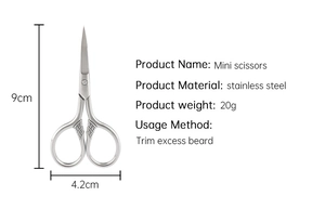 Mini stainless steel beard scissors for precision grooming with size and weight details