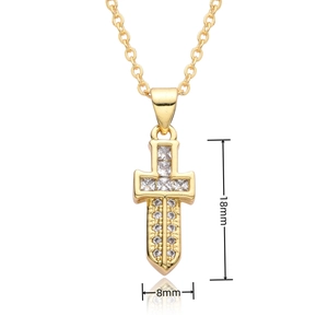 Detailed view of gold cross pendant with cubic zirconia and pearls, 18mm by 8mm size