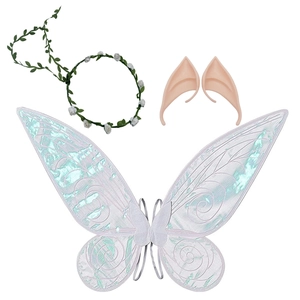 Fairy set with iridescent butterfly wings, elf ears and white floral headband