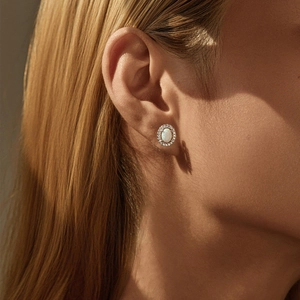 Elegant S925 sterling silver opal stud earrings with halo of small diamonds for women