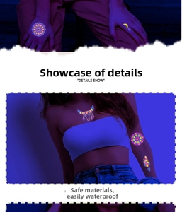 Close-up of waterproof fluorescent mandala and moon temporary tattoos glowing in dark blue light