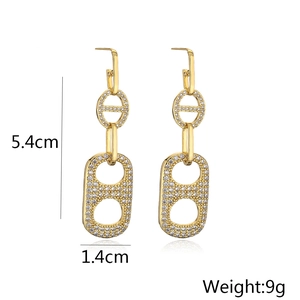Detailed size specifications for gold geometric drop earrings with cubic zirconia