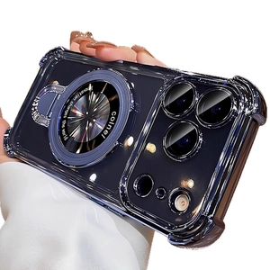 Dark blue translucent iPhone 17 Pro Max case with MagSafe ring and hidden foldable stand