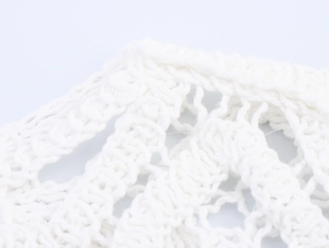 Close-up of white crochet knit fabric showing intricate hollow-out texture and patterns