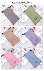 Linen drawstring eyewear pouches in six colors with glasses icon on marble background